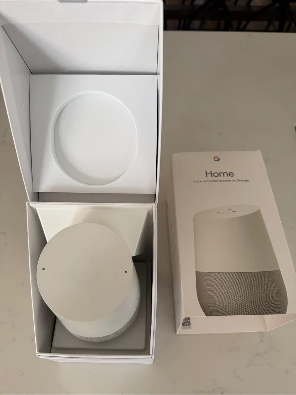 google Home Smart Speaker in White and Gray
